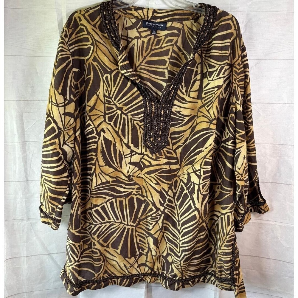 Jones New York Signature Woman Brown and Tan African Women's Blouse size 3X silk